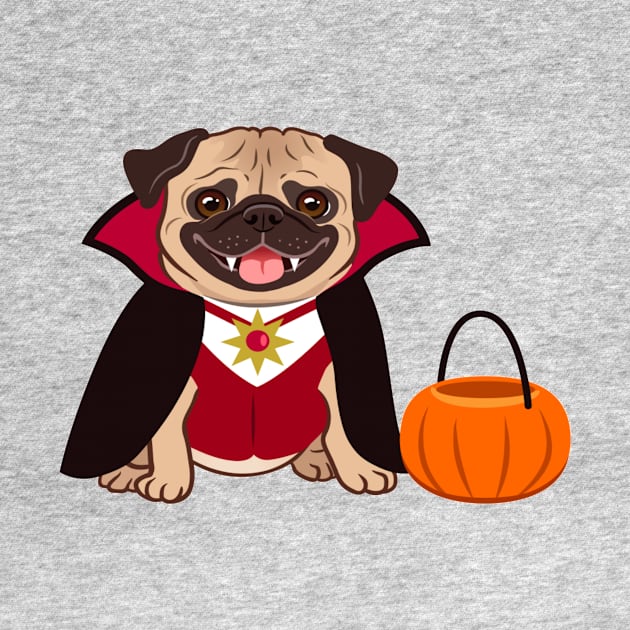 Halloween pug dog in vampire costume cartoon illustration. Cute friendly fat chubby fawn sitting pug puppy, smiling with tongue out. Pets, dog lovers by amramna